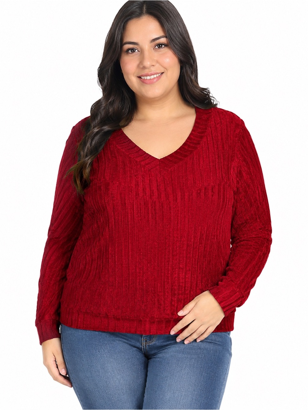 Plus Size V-Neck Ribbed Sweater - Crimson Red